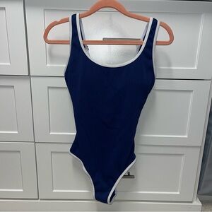 Blue One-Piece Swimsuit with White Trim